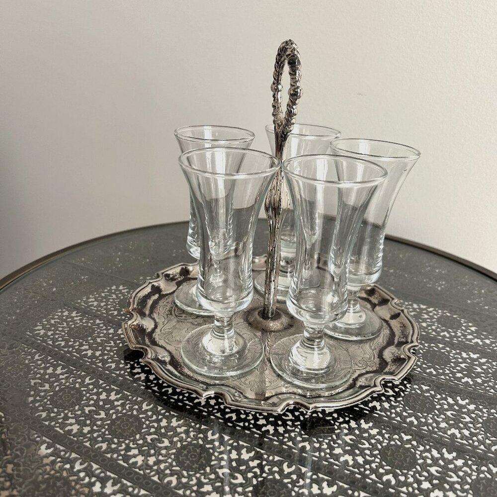 Vintage Queen Anne 5 Cordial Glasses with Silver Holding Tray. Used